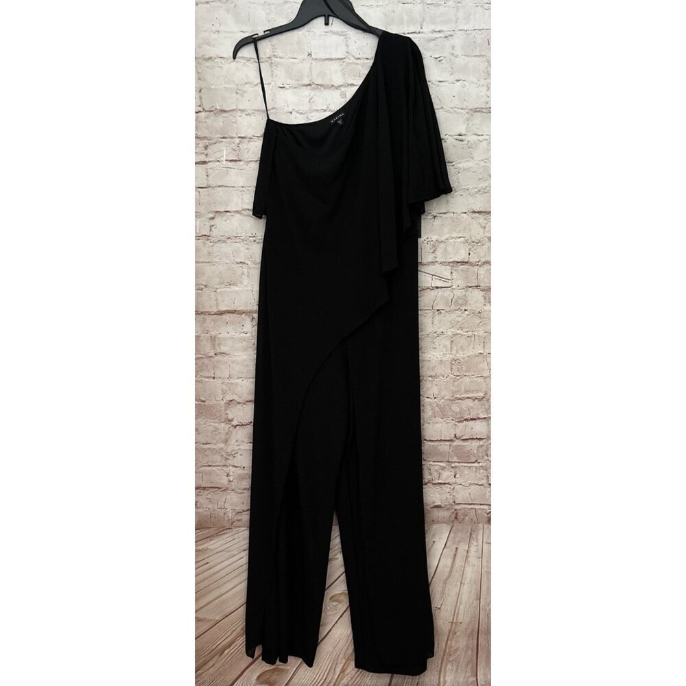 Marina Jumpsuit Black One Shoulder Flutter Sleeve Straight Leg Size 10 NEW